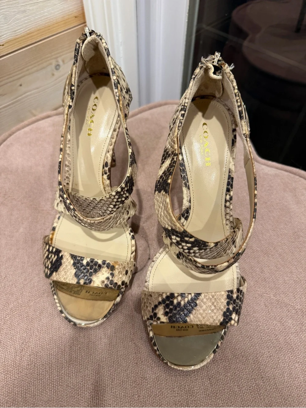 Coach Snakeskin Print Leather Ankle Strap Stiletto Heels Size 6.5B Open Toe